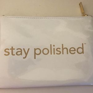 Stay Polished glossy white and gold makeup bag with zipper